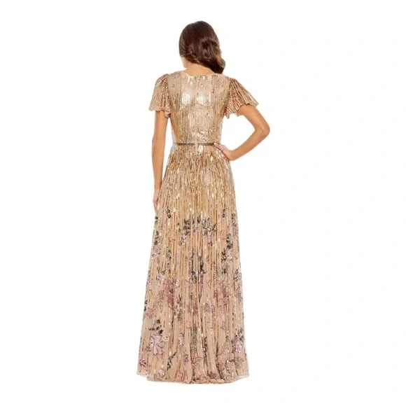 Mac Duggal Floral Sequins Flounce Sleeve V Neck Gown Copper 5637 NWT - Picture 2 of 9